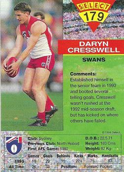 1994 Select AFL #179 Daryn Cresswell Back